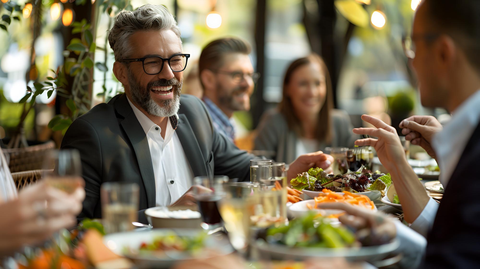 Almoço de negócios em terraço com luzes