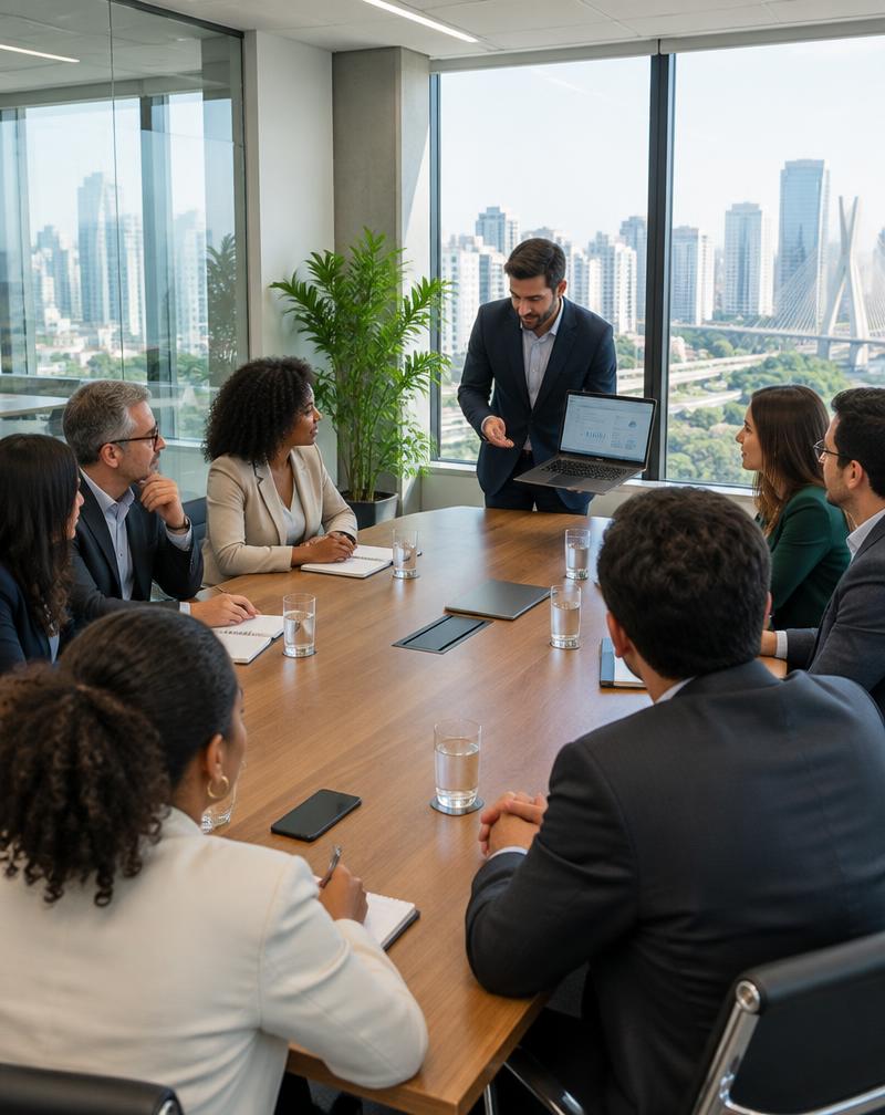 Apresentação de produto para executivos em sala de reuniões
